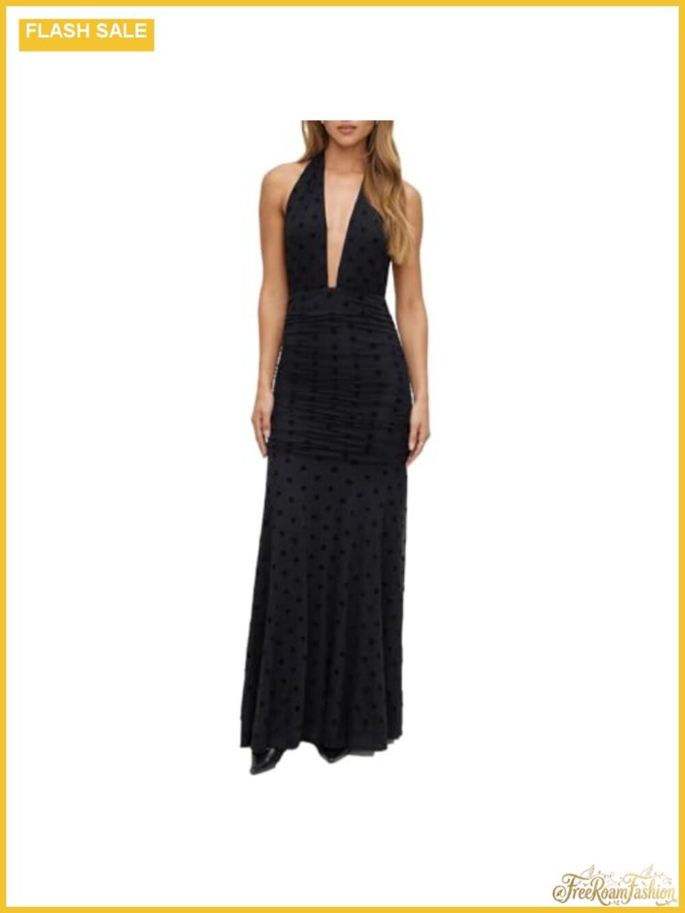 Women's Polka Dot Mesh Maxi Dress Deep V Neck Halter Backless Bodycon